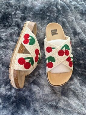 Dirty Laundry Cream Slide Sandals with Red Cherry Embroidery